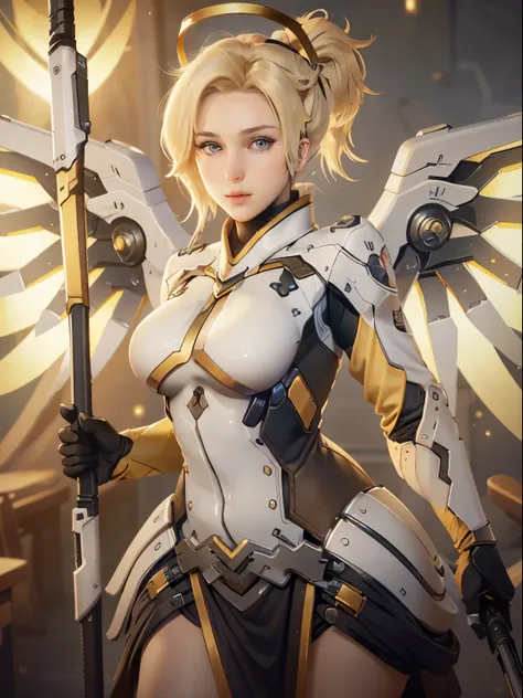 mercyover, 1girl, mercy (overwatch), mechanical wings, mechanical halo, solo, blonde hair, wings, blue eyes, halo, staff, yellow...