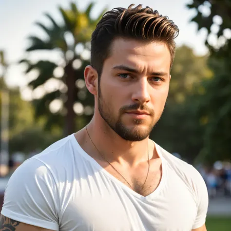 1man, A medium shot of a charismatic male fitness model, 30 years old，small beard, tired expression，gloomy eyes，Blue eyes, captured in a Barcelona park, wearing a white t-shirt and black shorts, golden hour lighting, cinematic and moody, (best quality,4k,8...