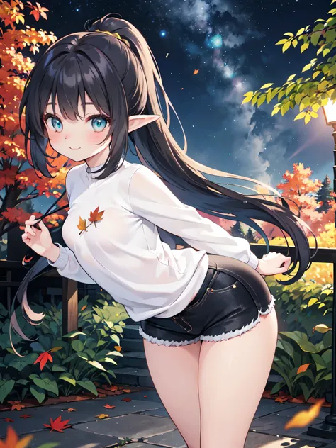 Realistic image, detailed image, coherent image, 1 little elf, turquoise eyes, black hair, very long hair, combed into a ponytail, smiling shyly, She has a curvy body, small breasts and thick thighs, She is wearing a long-sleeved shirt, tight mini shorts, ...