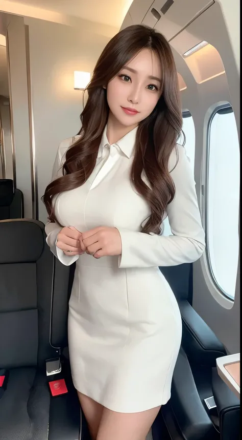 Ultra detail, high resolution, (realistic, realistic:1.4), 8k, (best quality), physical-based rendering, photorealistic photography, professional color grading, highest quality, captivating photos that capture the elegance of the flight attendant standing ...