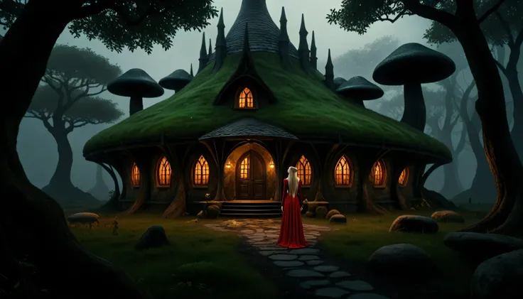 A magical house in the style of Morrowind, with ancient dark elven architecture featuring organic, curved shapes and intricate designs. The house is surrounded by a mystical alien landscape with towering mushrooms, twisted trees, and fog-covered ground. A ...