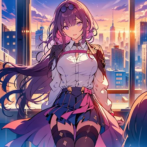 Best Quality, One girl,solo, (Collapse Star Rail),KAFUKA,Purple Hair,Long Hair,masterpiece, from adove,rim light,Purple Eyes,Details,cowboy shot,classroom,Sunset,slender,full bust,lie down,standing,arms behind back,dress shirt,Put on a coat,pantyhose,Minis...