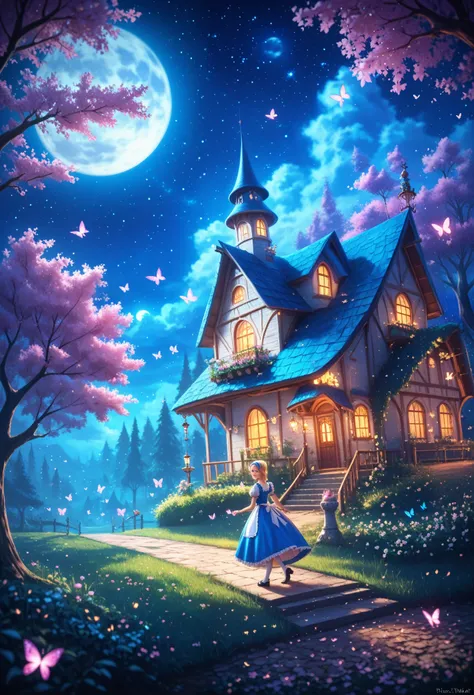 blue and white theme, fantastic мир 1 сексуальная девушка, black lace dress, looking back, walking through the forest, house, tree, tree lamp, moon, starry sky, bright, magic, fantastic, night sky, moon, stars, background, Alice in Wonderland , One, very b...