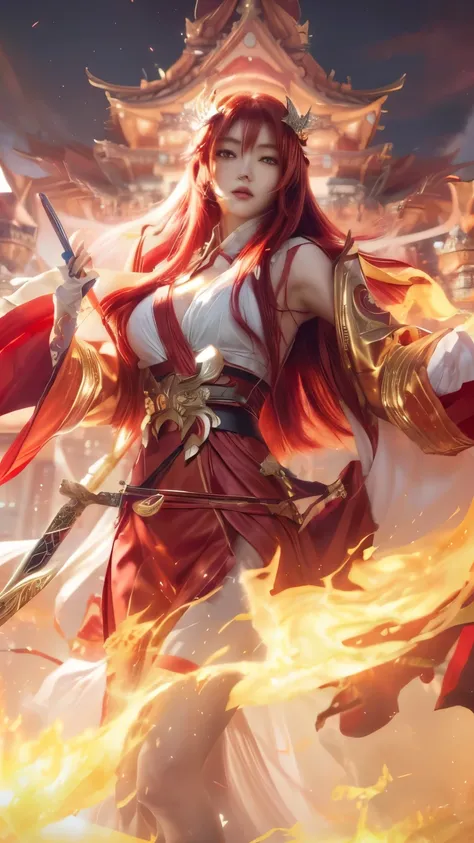 anime girl with red hair and a sword in a red dress, extremely detailed artgerm, onmyoji detailed art, appears as the fire goddess, cushart krenz key art feminine, heise jinyao, bian lian, artgerm lau, ahri, style artgerm, inspired by Ju Lian, miss fortune...