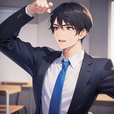 (looking away:1.5),side angle,upper body、fist pump：1.5、
shiny skin, masterpiece、Best Quality、(2 male:1.5) and (Black short hair) and (blue eyes), 
 (Wearing a suit:1.5) and (Blue tie)、
smile,open mouth,The background is the conference room、(alone:1.5)