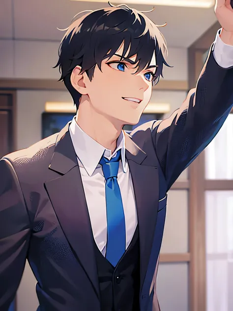 (looking away:1.5),side angle,upper body、fist pump：1.5、
shiny skin, masterpiece、Best Quality、(2 male:1.5) and (Black short hair) and (blue eyes), 
 (Wearing a suit:1.5) and (Blue tie)、
smile,open mouth,The background is the conference room、(alone:1.5)