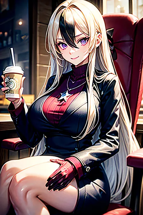 a beautiful detailed girl with a very long blonde hair, purple eyes, and a subtle smile, wearing a long black overcoat over a red shirt, sitting in a cafe chair on the starbucks, with a star-shaped platinum necklace, highly detailed anime, anatomically cor...