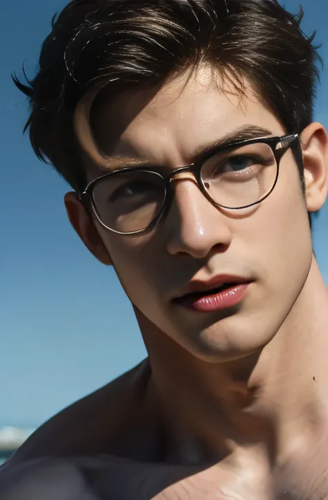 A muscular boy, wearing a pair of glasses, close-up portrait, tattooed, short light-colored hair, a handsome youthful face, a rosy healthy complexion, luminous eyes, red lips, a strong muscular chest and abs, solid toned robust physique, visible muscle and...