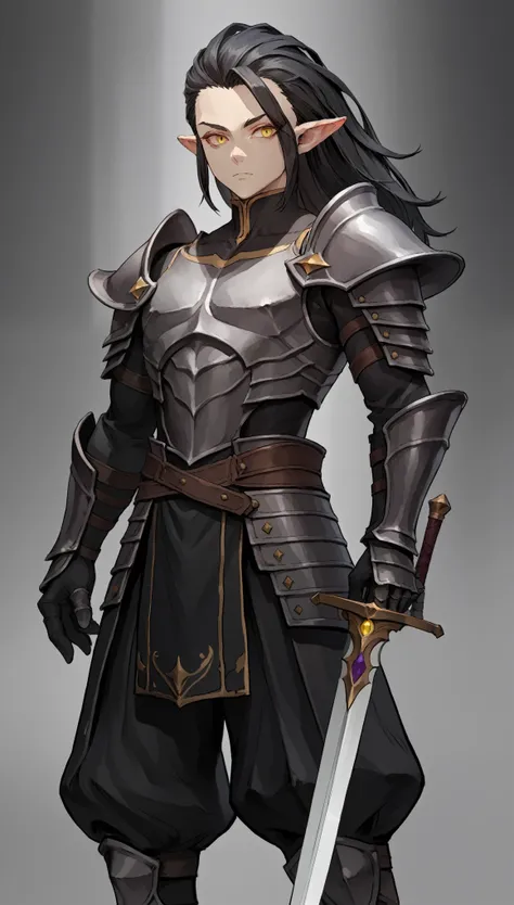 (zPDXL2), (PonyXLV6_Scores), source_anime, source_anthro, source_furry, solo, three-quarter portrait, front view, looking at viewer, standing, BREAK

boy, pele morena, holding a sword with both hands, pointy ears,4K, yellow eyes, black armor,black animal h...