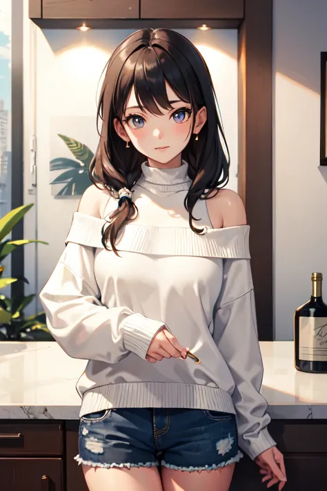 ((Best Quality)), ((masterpiece)), (detailed), One girl, Off-the-shoulder sweater, 