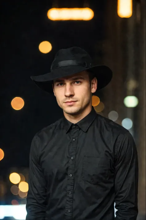 closeup face photo of caucasian man in black clothes, night city street, bokeh