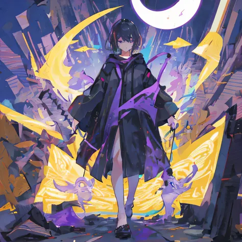 Best quality，eye glass，Only one person，a girl，Black hair，Frenzied eyes，Praying posture，Wearing a black robe with purple patterns，Holding a purple staff，Elements of the Philosopher&#39;s Stone，Surrounded by black fog，Black dim background，Purple particles su...