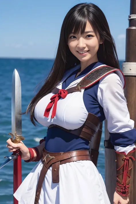 ((highest quality)), (be familiar with), perfect face, Japanese, 30yo, smile, Full body Esbian:1.5, big breasts:1.5, Woman warrior:1.5, sailor suit armor:1.5, adventurer, huge sword, huge sword, huge sword, huge gun, Sony FE GM