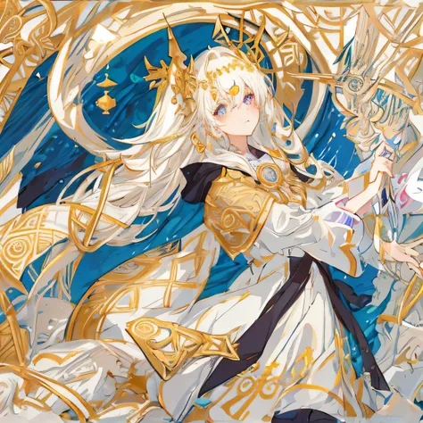 Best quality，Only one person，a girl，White hair，Golden pupils，Sacred，Holding a golden staff，Serious expression，There are eye-shaped runes around，There is a magic circle surrounding。