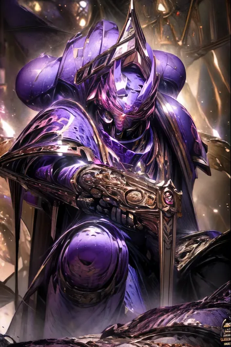 (masterpiece, best quality, perfect face, expressive eyes), intricate details, detailed, emperors children, purple armor, golden armor, (purple plume), space marine, adult, palace, purple cloak, fancy, intricate details, detailed, cinematic lighting, drama...