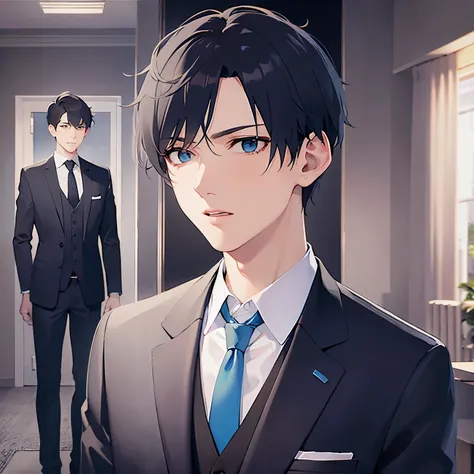 (looking down:1.5),side angle,upper body、
shiny skin, masterpiece、Best Quality、(2 male:1.5) and (Black short hair) and (blue eyes), 
 (Wearing a suit:1.5) and (Blue tie)、
blush,open mouth,Standing,The background is the conference room、(alone:1.5)