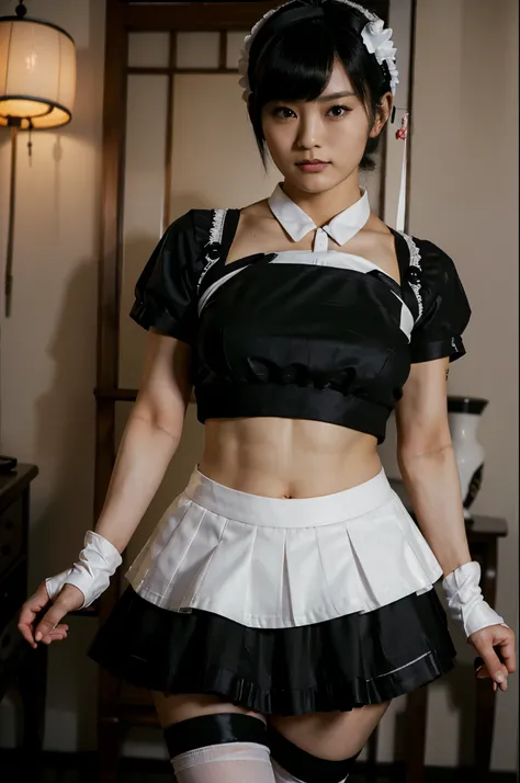 masterpiece, best quality, ultra detailed, ultra high resolution, very detailed face, nsfw, (((solo))), (((japanese woman))), ((black maid uniform, croptop, short skirt, maid hairband, white glove)), ((black hair)),  (small breast), ((dynamic posing)), (si...