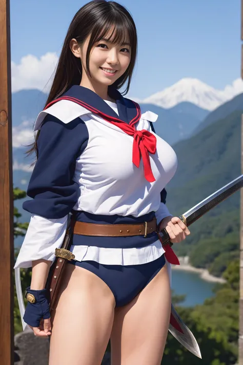 ((highest quality)), (be familiar with), perfect face, Japanese, 30yo, smile, Full body Esbian:1.5, big breasts:1.5, Woman warrior:1.5, sailor suit armor:1.5, adventurer, huge sword, huge sword, huge sword, huge gun, Sony FE GM