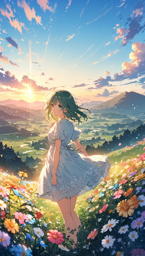 "Vivid and quiet in summer, Describe a natural scene。, Beautiful colors in 8K quality. Shows one anime girl standing on a green mountain, Towards the endless blue sky, Turn away from the screen. Under her, Colorful flowers bloom on a green meadow, Distant ...