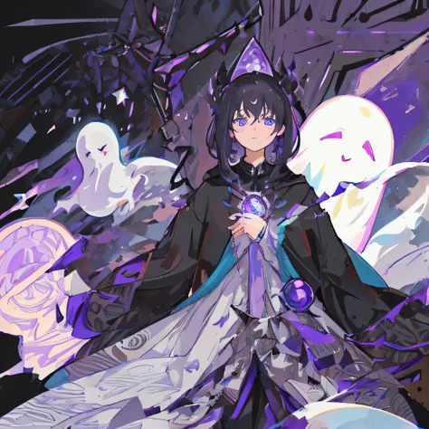 Best quality，eye glass，Only one person，a girl，Black hair，Ghostly ghost element，Wearing a black robe with purple patterns，Holding a magic stone，Surrounded by black fog，Black dim background，Purple particles surround。