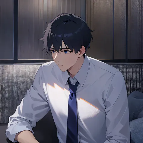 (looking away:1.5),side angle,upper body、
shiny skin, masterpiece、Best Quality、(2 male:1.5) and (Black short hair) and (blue eyes), 
(white collared shirt) and (Blue tie)
serious, Sitting、PC、
The background is a conference room at night、(alone:1.5)