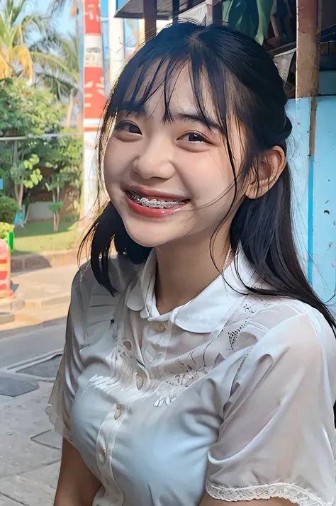 Thailand girl Wear braces, white shirt, smiling Happily