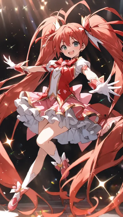 (Magical Girl 1:1.5)、Red Magical Girl、(Red Hair、Long twin tails)、Ruffled Skirt、Red ribbon、flower、Lots of red flames、Sparkling、lame、Glitter、White Feather、(Dancing)、smile