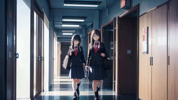 Wide shot showing two anime girls wearing school coat and tie arriving at the door of the hospital room, looking furious. character design, comic book, concept art, perfect anatomy, wide angle shot, 4k, UHD.