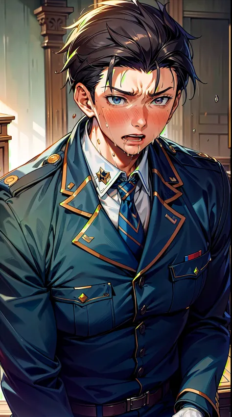 Hector Fay, Ultra high quality cg, solitary, Looking at the audience, Open your mouth, Sweating, Wet, Drooling, Gloves, 1 man, Upper Body, Male focus, tie，shirt， military uniform
