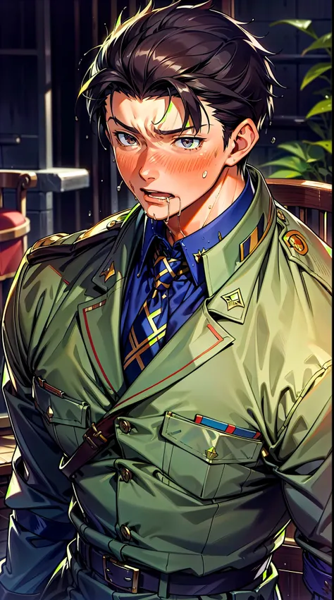 Hector Fay, Ultra high quality cg, solitary, Looking at the audience, Open your mouth, Sweating, Wet, Drooling, Gloves, 1 man, Upper Body, Male focus, tie，shirt， military uniform
