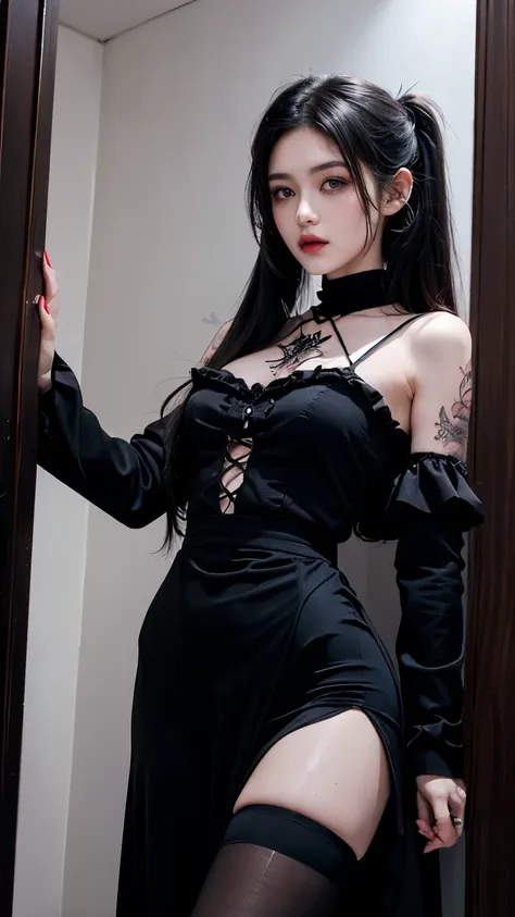 Hard Dark Gothic Makeup、Deep Night Sky、Horror、Good skin radiance、Dark Gothicメイク、Expression of intense sexual pleasure、(Embarrassed look), Dark Gothic、Obscene language、Best Quality、Expression of sexual pleasure amid suffering、Drunk face、Purple maid outfit、T...