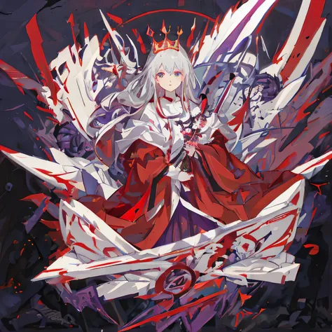 Best quality，Only one person，a girl，Gray hair，With a red crown of thorns，Praying posture，Wearing a dark red robe with purple patterns，Holding a sword，Surrounded by black fog，Black dim background，Purple particles surround。