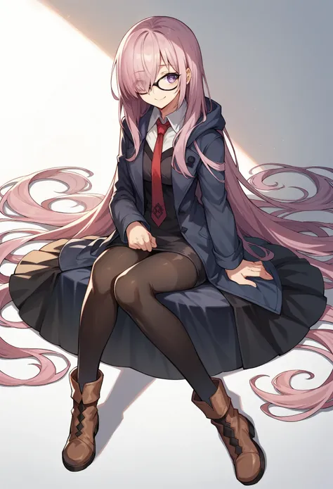 1girl, long hair, very long hair, alternate hairstyle, alternate hair length, mash kyrielight, necktie, pantyhose, glasses, absurdly long hair, smile, red necktie, black pantyhose, sitting, flower, looking at viewer, dress, black-framed eyewear, black dres...