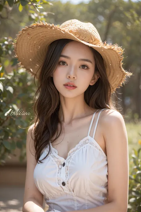 Beautiful asian woman, ripped straw hat, white dress