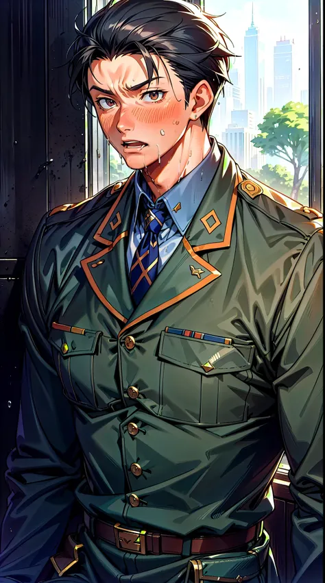 Hector Fay, Ultra high quality cg, solitary, Looking at the audience, Open your mouth, Sweating, Wet, Drooling, Gloves, 1 man, Upper Body, Male focus, tie，shirt， military uniform
