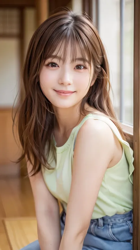 Brown Hair,Medium Hair,20-year-old female,  With the correct face, Cute natural smile, Japanese facial features, A clean and cute face, Realistic portraits, 8K Photo, Soft Makeup,Natural skin texture,Raw photo,highest quality,Full Body Shot,Playing with a ...