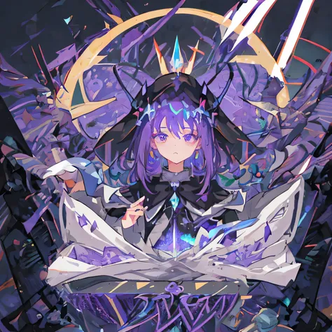 Best quality，Only one person，a girl，Dark purple hair，Holding a black staff，Serious expression，Wearing a lavender robe，Wearing a magic hat，There are magic runes around。Various magical halos are around。There is black fog around，Light black background