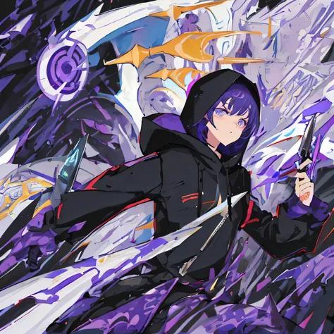 Best quality，eye glass，Only one person，a girl，Black short hair，Sharp and fierce eyes，Holding a knife，With a dagger，Wearing a black hood with purple patterns，Wearing a hood，Surrounded by black fog，Black dim background，Purple particles surround。