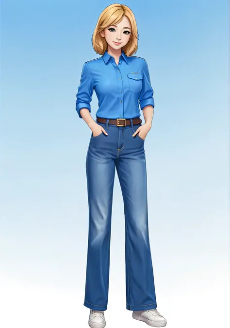 a close up of a woman wearing a blue shirt and jeans, blue clothes, blue outfit, blue uniform, golden blue outfit, blue clothing, style of emoji, upper body 2d game avatar, clear outfit design, female outfit, upper body avatar, kawaii shirt and jeans, desi...