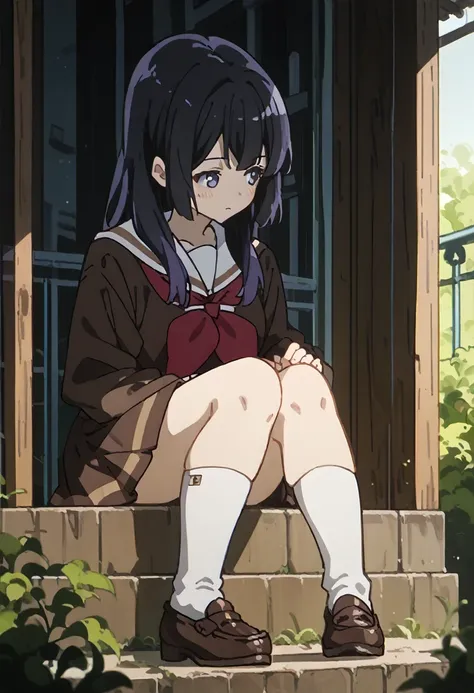 source_anime, absurdres, 
 kousaka, long_hair, black_hair, purple_eyes, kitauji_high_school_uniform, long_sleeves, white_sailor_collar, brown_skirt, brown_shirt, red_neckerchief , blush, looking_away, full_body, shoes, socks, sitting, knees_up