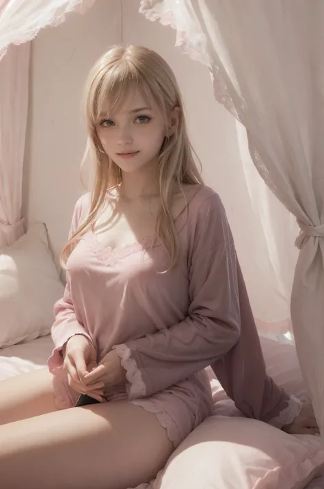 photo of mariya with long blonde hair, bang, sexy, (petite:1.4), wearing (pink black pajamas:1.3), sitting on bed in a cute girly bedroom adorned with pastel hues and playful decor. The walls are painted in soft pinks or lavender, with a delicate floral or...