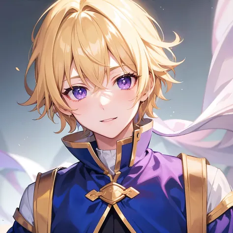 High resolution, Blonde, Light purple eyes,The First Prince of Another World,20 years old,smile, Anime Style, 