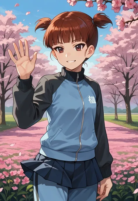  , solo, 
outdoors,cherry blossoms,standing,cowboy shot,smile,waving, flower field, 
 1girl, mikko (girls und panzer), short hair, short twintails, blunt bangs, red hair, hair tie, red eyes,  keizoku military uniform, , long sleeves, blue jacket, track jac...