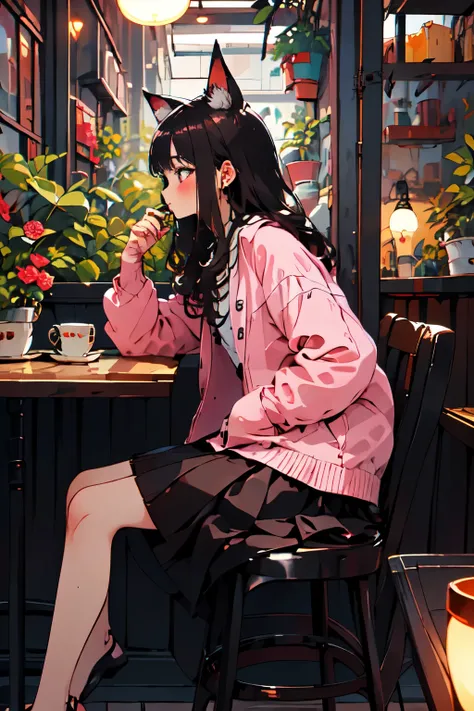 (masterpiece:1.2), the best quality,pixiv,flood, (junkotvv, black hair, car ears, red eyes)
1 girl, Alone, session, Long hair, flower, chair, food, pink flower, cup, tenure, long sleeve, pink skirt, rosa, skirt, jacket, black hair with bangs, table, pink r...