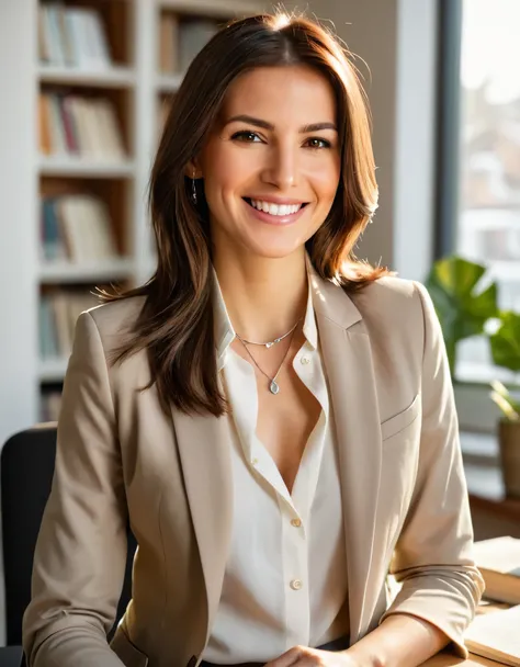 A detailed portrait of a 3 female investigative reporter, smiling brightly in a moment of happiness. She has long, straight brown hair neatly styled and wears a simple silver necklace. Her attire is a casual yet professional combination of a light-colored ...