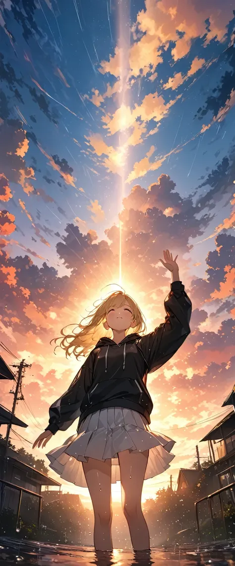 anime、((Amazingly absurd)),(masterpiece:1.2),超High resolution, Attention to detail, high quality, High resolution, 最high quality, 4K, 8k、Crying girl、Look up at the sky、Girl raising one hand towards the sky、sunset、Red Sky、(Falling raindrops)、Rembrandt Rays、...