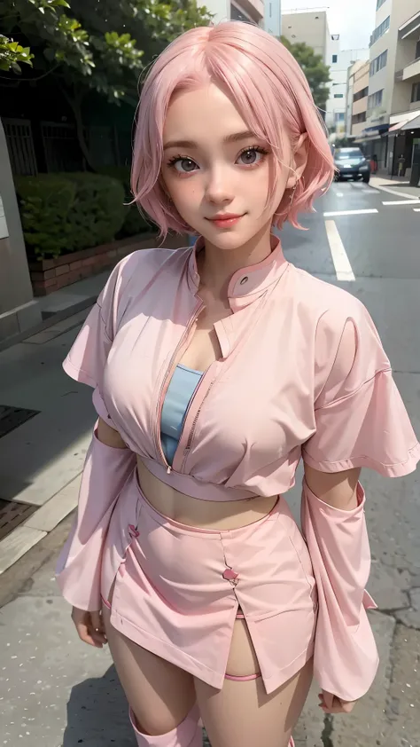 haruno sakura from anime boruto, short hair, pink hair, forehead mark, Haruno Sakura fashion, beautiful, beautiful girl, perfect body, medium bust, standing, looking at viewer, smiling, full body