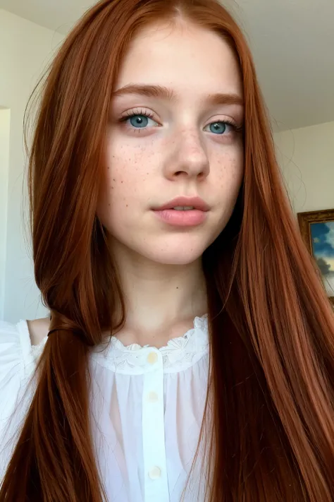 ((the best quality)), ((masterpiece)), (DETAILED),  1 girl with European profile, Red hair, blue eyes, Caucasian, with freckles, long straight hair, with complete baby doll