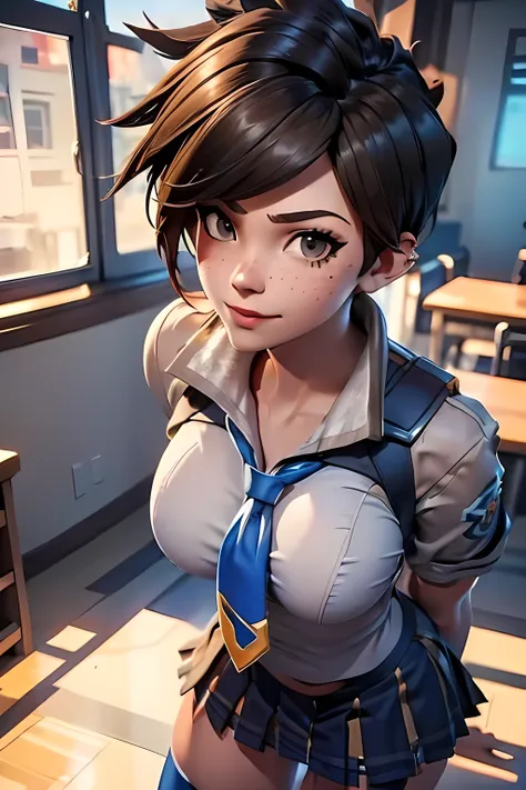 tracer from overwatch, freckless, schoolgirl uniform, sexy pose, seductive face, 8k