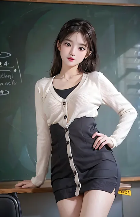 Cute young teacher standing at the blackboard, wearing a minidress and cardigan, shot from below, leaning forward, bare thighs, popular teacher, high quality, 8k, warm, renatadaninsky